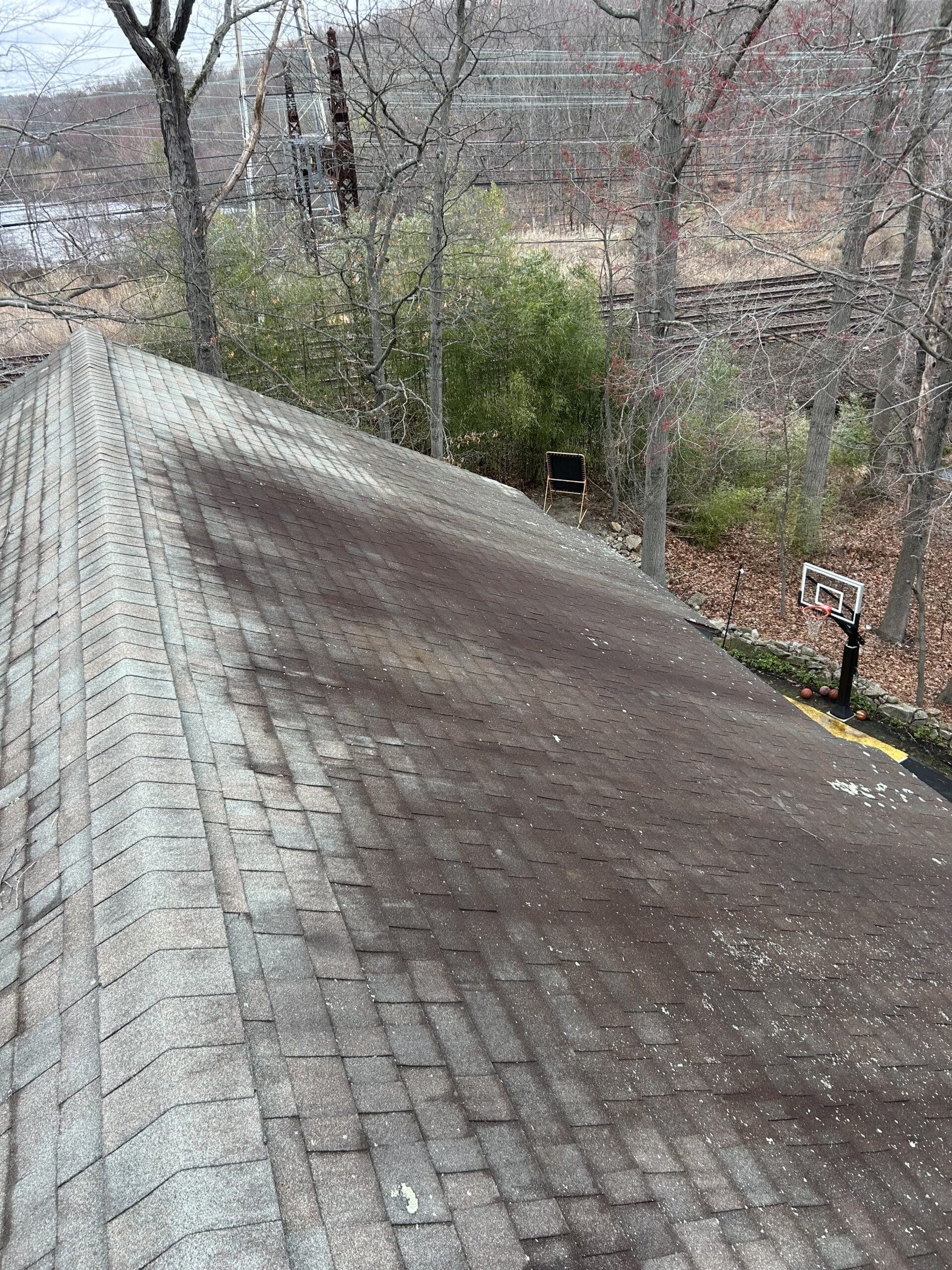 Asphalt roof shingles with black streaks before soft washing — Fairfield County, CT